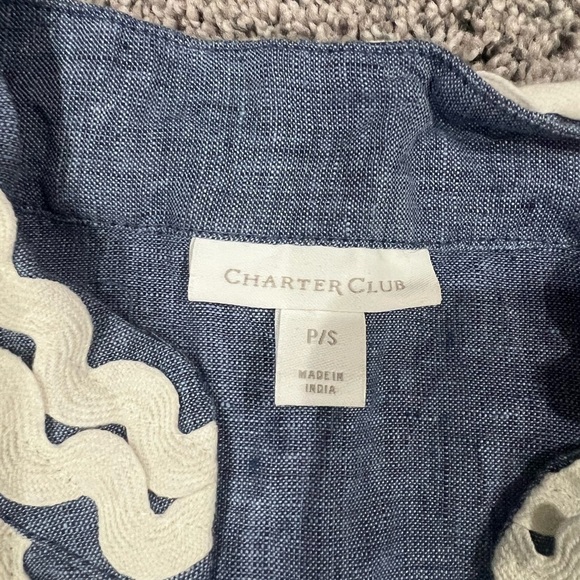 Charter Club 100% Linen Light Chambray Sleeveless Embroidered Tunic Top Size P/S - Picture 4 of 10